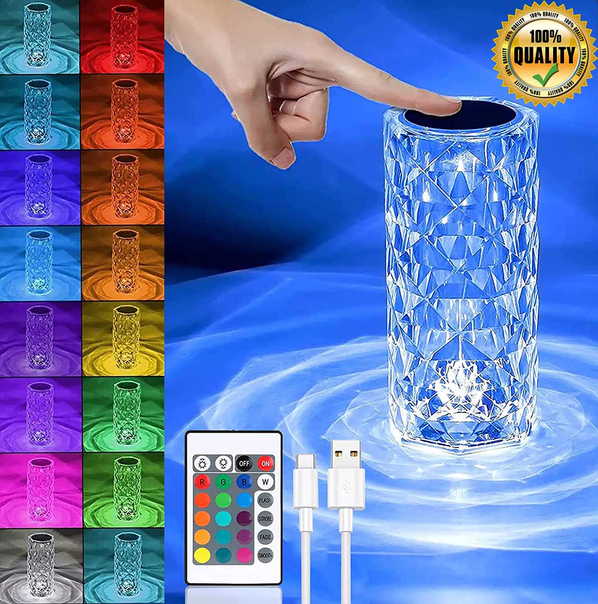 Diamond Crystal Table Lamp, 16 Colors Type-C USB with Remote Control