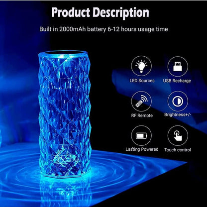 Diamond Crystal Table Lamp, 16 Colors Type-C USB with Remote Control